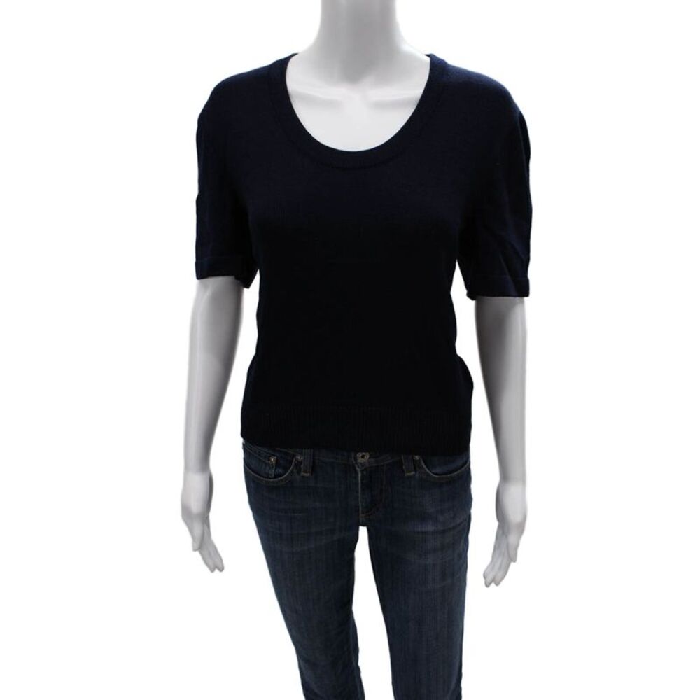 St. John Basics Women Dark Blue Wool Round Neck Short Sleeve T-Shirt Size M